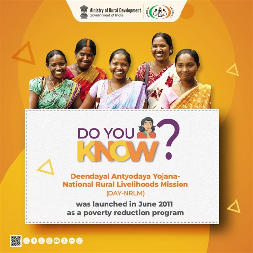 11 reactions | #DoYouKnow | Launched in June 2011, the Deendayal Antyodaya Yojana- National Rural Livelihoods Mission was introduced as a poverty reduction program. This mission has not only uplifted individual households but also fostered sustainable development across rural India. It is also one of the world’s largest initiatives to improve the livelihoods of the poor. #MoRD #WomenEmpowerment #RuralLivelihoods #DAYNRLM | Ministry of Rural Development, Government of India | Facebook