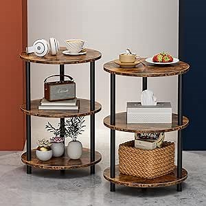 Frylr Round End Tables Living Room Set of 2 - Small Accent Table with Round Top for Stylish Bedside or Side Table Use in Small Spaces, Rustic Brown