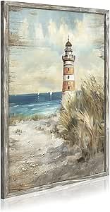 Framed Ocean Beach Wall Art: Modern Wood Calming Seascape Prints Coastal Lighthouse Landscape Artwork Vintage Sea Wave Scenery Painting Vertical Seashore Pathway Picture for Bathroom Bedroom