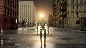 robot walking along a deserted street in a big city. humanoid AI robot crossing street. 3d animation. future automation job.