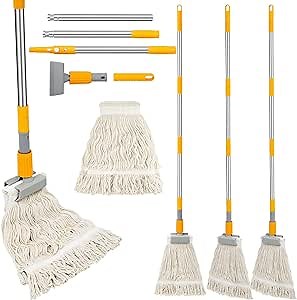 4 Sets Commercial Mop Looped End String Industrial Mop Cotton Floor Mop Wet Mops for Floor Cleaning Heavy Duty Mop with Long Handle for Home Office Kitchen Garage and Concrete Floor