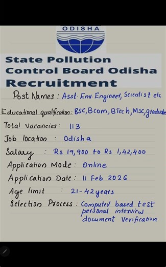OSPCB RECRUITMENT FOR ASST.ENV.ENGINEER/SCIENTIST/113 POSTS/APPLY ONLINE