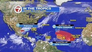 8 pm Monday Tropical Update: Three to follow. 1- Trop. storm Francine threatening the Gulf Coast States. 2- An elongated low in Eastern Atlantic with a high chance for development, and 3- another elongated low with lower chances for organization. Down from 60% at 2 pm to 40% now. | 7Weather
