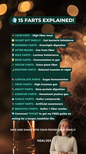 💨 Ever wonder what your farts are trying to tell you? It’s not random — your body’s giving you a report card after every meal. 💥 Loud = fiber doing its job 😶 Silent but deadly = gut bacteria imbalance 🥛 Milky smell = lactose intolerance 🍺 Beer belly gas = fermentation 🥦 Veggie gas = too much fiber at once 🍫 Sweet smell = sugar or sweeteners 🍗 Heavy smell = slow protein digestion Here’s the truth 👇 Healthy gas doesn’t smell bad — it just means your gut’s working. Smelly or painful ones? 