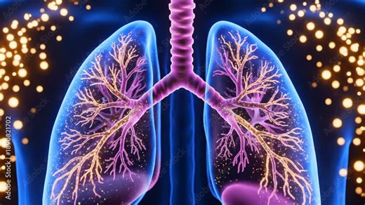 Visualization of nanoparticle based drug delivery in lung tissues, Detailed imaging showing nanoparticle dispersion around lung lesions and airways for therapeutic assessment