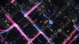 Overhead Aerial View of Smart City With Connected Speed Neon Line Lights. Big Data Futuristic Technology Concept. Downtown Los Angeles. Internet of Things, Augmented reality, 5g, Metaverse.