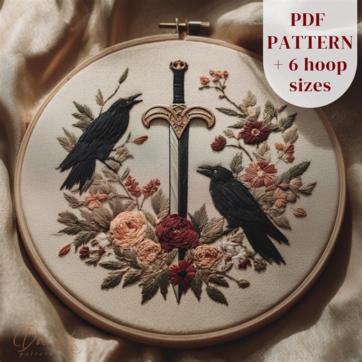 Gothic Ravens and Sword Embroidery Pattern, Witchy Floral Dark Academia Design - Etsy