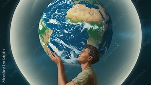Global responsibility a person holds the earth in a lightbulb