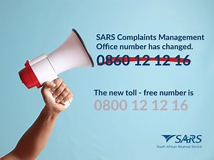 Notice: New SARS Complaints Contact Number The SARS Complaints Management Office's contact number has changed to toll-free number: 0800 12 12 16. More info: https://bit.ly/3kwjzR0 #YourTaxMatters | South African Revenue Service (SARS)