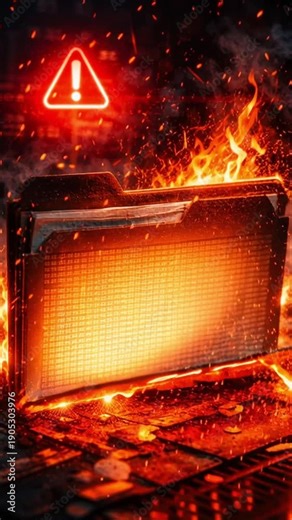 Data cyber security firewall digital network system failure cloud concept warning data breach meltdown attack alert glowing folder burn risk danger loss burning folder fire disaster breach alert