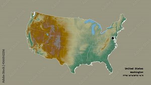 Nebraska, state of United States mainland, with its capital, localized, outlined and zoomed with informative overlays on a relief map in the Stereographic projection. Animation 3D