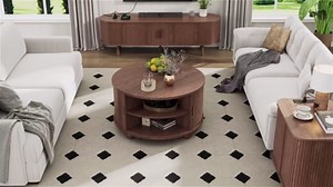 31.5" Round Coffee Table with Storage, Mid Century Modern Coffee Table with 360° Sliding Tambour Door, Curved Profile Center Table with Ball Feet for Living Room, Home, Small Space, Walnut