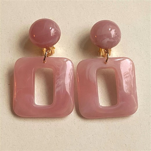 Large Clip on Marbled Pink Plastic Hoop Earrings, Square Ear Clips - Etsy