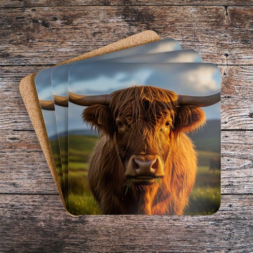Highland Cow Cork Coaster Set Scottish Cattle Drink Coasters - Etsy