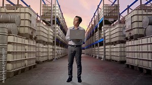Full Body Of An Asian Male Professional Worker With His Laptop at Warehouse with Containers and Barrels, He Observes By Looking Around Before He Come To Concentrating With His Laptop