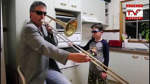Hahaha Musician Father and Son Playing Music With Cooking Oven and Trombone