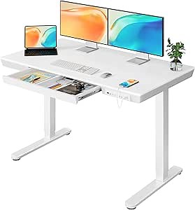 ErGear Electric Standing Desk with Drawers & USB Charging Ports, 48 x 24 Wood Height Adjustable Desk Whole Piece Home Office Computer Table, White