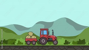 Animated tractor with trolley full of hay riding through green valley. Moving farm vehicle on hilly landscape background. Flat animation