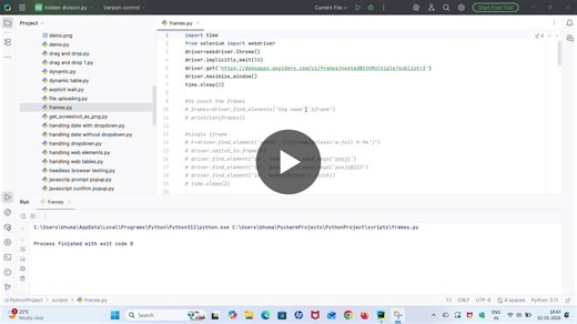 🚀💻 Selenium Automation Project – Nested IFrames Handling 💡📚 I’m happy to share my Selenium automation practice project, which focuses on handling multiple nested iframes using Selenium WebDriver… | Bhumayyagari Subramanyam Poojitha