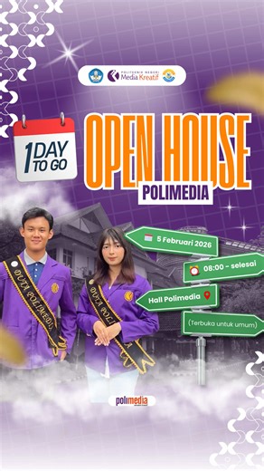 Halo Polimedians! 👋🏻 Sudah siap buat kenalan lebih dekat dengan kampus kreatif kebanggaan kita? Besok adalah harinya! ​Jangan lewatkan keseruan Open House Polimedia 2026. Ini saatnya kamu melihat langsung gimana asiknya belajar di dunia industri media kreatif, keliling lab keren alias campus tour, dan tanya-tanya langsung soal prodi impianmu! ​📍 Lokasi: Politeknik Negeri Media Kreatif 🗓️ Waktu: Besok! ​Ditunggu kehadirannya ya, calon Kreator Muda! ✨ ​#Polimedia #OpenHousePolimedia2026 #Kampu