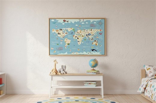 Animal World Map Canvas Wall Art, Educational Nursery Decor, Kids Learning Map Print, Safari Animal Playroom Wall Decor - Etsy