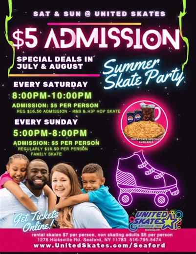 🛼🎉 Weekend Skate Fun at United Skates of America – Seaford! 🎉🛼 📍 Location: United Skates of America, Seaford 🎫 Tickets: www.unitedskates.com/seaford 🔥 Saturday Night: Glow-in-the-Dark Hip Hop Skate 🗓️ Every Saturday | ⏰ 8:00 PM – 10:00 PM 🎟️ Admission: $5 per person | 👟 Skate Rental: $7 🎧 Skate under the black lights to your favorite hip hop hits! Glow gear encouraged! 👨‍👩‍👧 Sunday Night: Family Skate Night 🗓️ Every Sunday | ⏰ 5:00 PM – 8:00 PM 🎟️ Admission: $5 per person | 👟 Sk