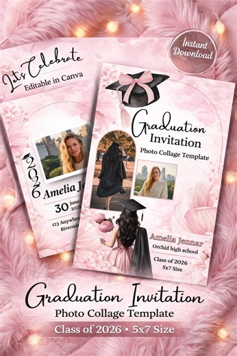Pink Bow Graduation Invitation Template Canva Editable, Class of 2026 Photo Graduation Invite, Girl Grad Party Invite, Multi Photo Announcem - Etsy