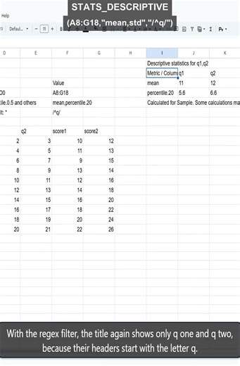 STATS_DESCRIPTIVE regex colFilter for q* in Sheets