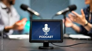 A podcast setup featuring microphones and a display screen with a podcast logo.