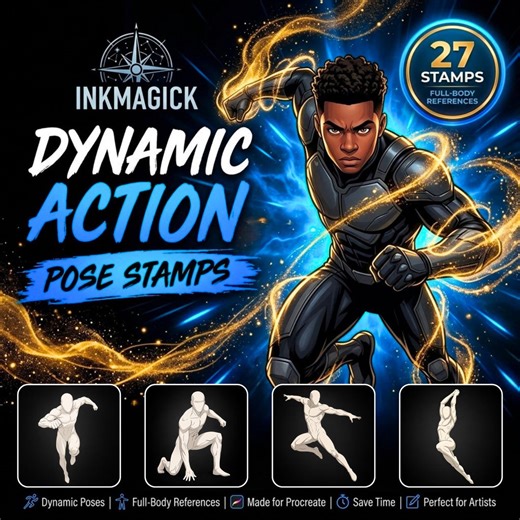 Dynamic Action Pose Stamps for Procreate | 27 Figure Drawing References | Superhero Anatomy Toolkit for Artists - Etsy UK