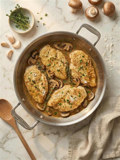Golden Chicken Scallopini with Sherry Mushroom Pan Sauce Tender, lightly floured chicken cutlets are quickly seared until golden, then simmered in a savory sauce of earthy mushrooms, dry sherry, and rich chicken stock. This elegant yet approachable dish delivers restaurant-quality flavor with minimal effort. The sherry adds warmth and depth, while the pan drippings create a silky sauce perfect for spooning over pasta, mashed potatoes, or crusty bread. Ingredients 2 large boneless, skinless chick