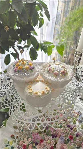Creating cupcakes with mouline embroidery on linen fabric. Lovely and sweet handmade home decoration