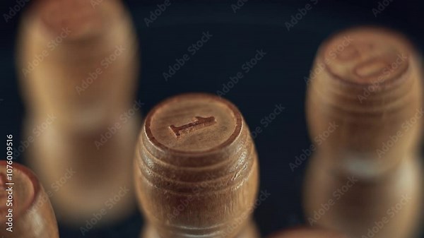Macro crisp video of wooden Bingo barrels, casino gambling game, digits on top, 360 rotating number 1, 120 fps, slow motion, MIRROR REFLECTION, STUDIO LIGHTING, static shot