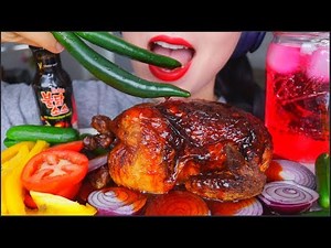 ASMR EATING WHOLE ROTISSERIE CHICKEN + FIRE SAUCE + ONION + CHILLI + PEPPERS + VEGGIES | 咀嚼音 먹방