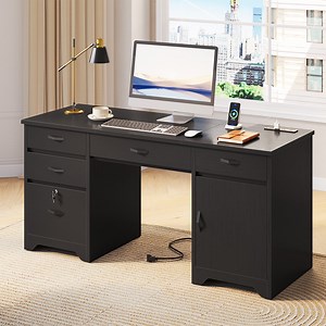 Bestier Computer Desk with 5 Drawers, 59'' Office Desk with Storage, Modern Executive Desk with File Drawers and Storage Cabinets, Charging station, Keyboard Tray, Suitable for Study& Bedrooms Black