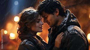 Two lovers beautiful couple man and woman hugging and kissing on a romantic evening in the rain