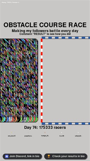 Follower Battlegrounds on Instagram: "Day 74 of making my followers battle every day! Follow to enter the battle! Check the link in the bio for your result and overall monthly ranking! #followerbattlegrounds Game: obstacle_course | Day 74 Top 10 in this race: 1. @alexmartinez5972 2. @beandude865 3. @taiss_245 4. @dahilkov 5. @pv.santsxz.__ 6. @dstvd__isaias 7. @imsuchaloser098 8. @samuelleo36 9. @mikolajchabowski 10. @anagarcis2"