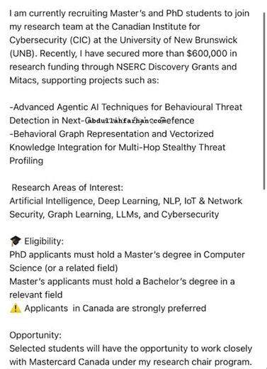 Hiring Graduate Students (MSc & PhD) – Fully Funded, AI, Cybersecurity, UNB Canada