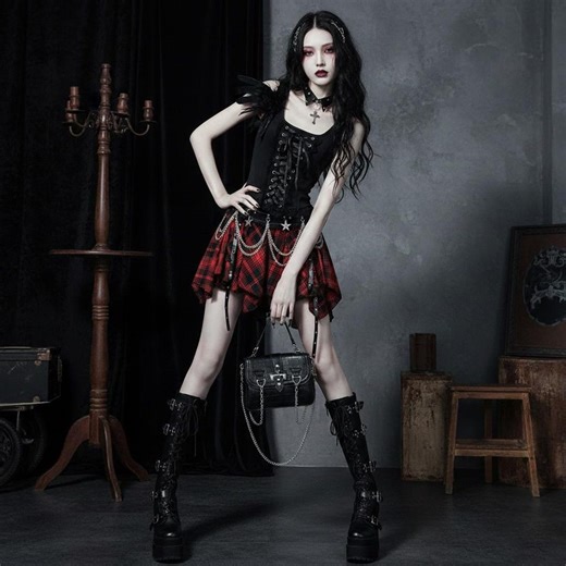 Gothic Plaid Mini Skirt and Corset Set, Mall Goth Grunge Red Tartan Skirt, Punk Rock Aesthetic Alt Clothing, Dark Academia Streetwear - Etsy