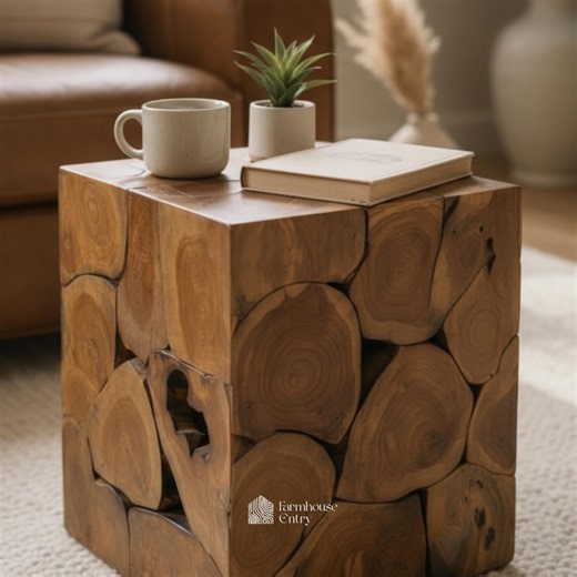 Farmhouse Solid Teak Wood Cube Side Table | Handcrafted Natural Wood Accent | Set of 2 Living Room Sofa Table | Rustic Retro Modular Stool - Etsy