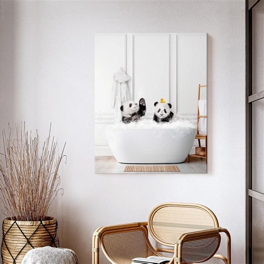 Pandas Bubble Bath Wall Art - Vertical Framed Canvas - Bathroom Wall Decor - Animal Art - Etsy