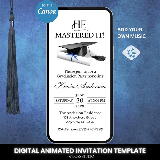 Animated Masters Graduation Invitation: He Mastered It, Minimalist Class of 2026 Party Invite, Editable Digital Modern Canva Template - Etsy