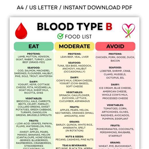 Blood Type B Food Chart – Eat, Avoid & Moderate | Printable Diet Guide PDF | Eat Right for Your Type | Instant Download - Etsy