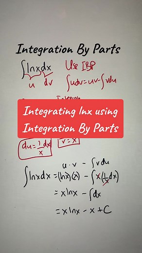 Using Integration by parts to solve this integral. For another integration example using the IBP formula, refer to this video: @Tamar Krikorian Follow for more integration videos #integration #integral #calculus #mathtutorial #mathvideos #mathsteacher #maths #math #integrating #integrationtechniques #calculus2 #mathematics #learnontiktok #integrationbyparts #ibp #learnitontiktok #lnx