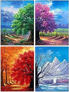 Muzagroo Art 4 Pack 5D Diamond Painting Kits for Adults DIY Diamond Art Kits 4 Seasons Trees Wall Art for Living Room Adults Crafts Diamond Dot Gem Art Kits for Beginners