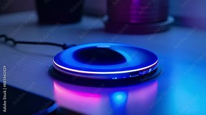 A topdown view of a wireless charging pad highlighting its LED lights that change color depending on the charging status of the device.