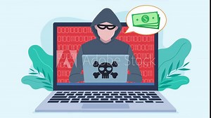 A hacker is visible on the laptop screen. Hacking code appears behind the hacker in the background. The hacker is in a hood with a mask on his face. Video animation in flat design style.