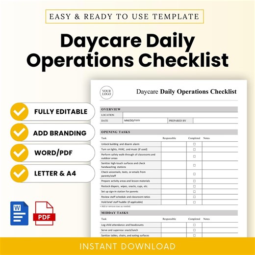 Daycare Daily Operations Checklist Template – Word & PDF, A4   US Letter - Etsy