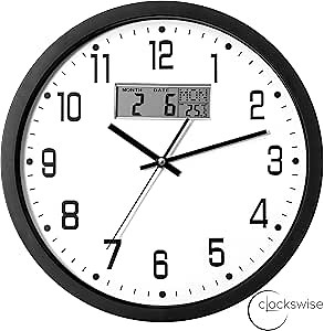 Clockswise 14-inch Wall Clock, Non-Ticking Analog & Digital with Temperature Display Battery Powered, Silent Operation, Switchable Time and Date - Perfect for Classroom Office Bedroom and Study, Black