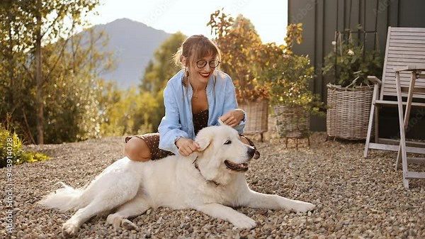 A woman playfully interacts with her dog in the yard of a modern mountain home. The joyful scene captures the fun and beauty of spending time in nature, surrounded by tranquility and stunning views
